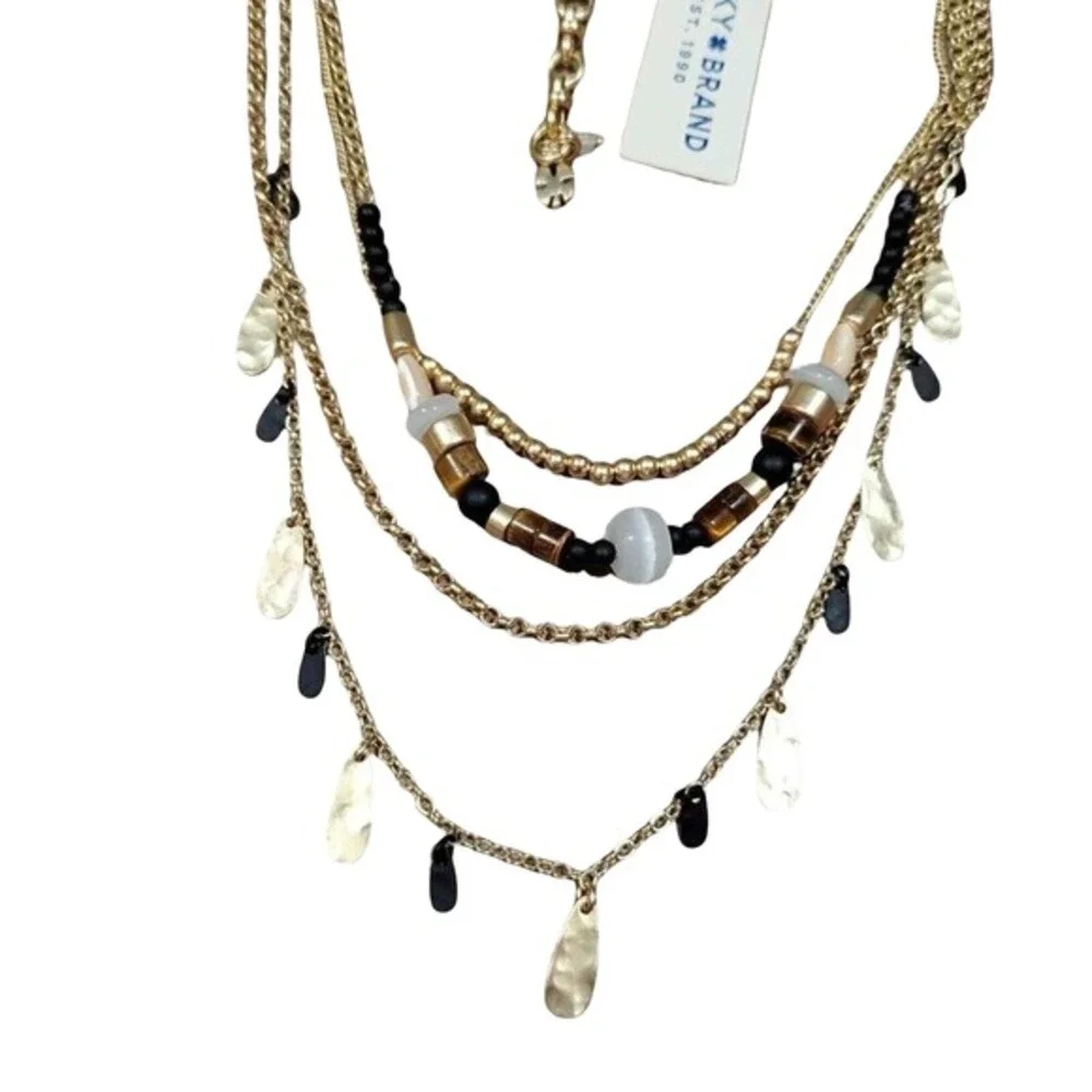 Lucky Brand‎ Gold Tone Layered Multi Strand Beaded Hammered Charm Necklace NWT